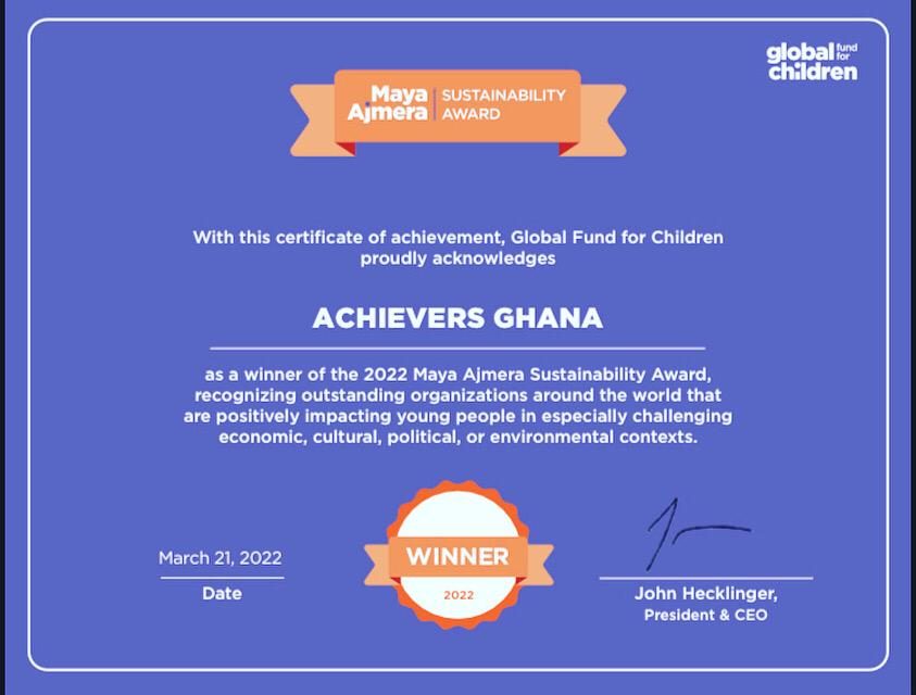 Achievers Ghana Wins Global Fund for Children (GFC)Maya Ajmera Sustainability Award.